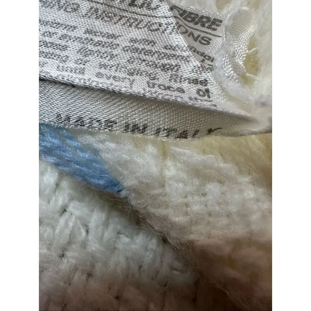 Vintage White Blue Acrylic Fringed Throw Italian Made Baby Blanket